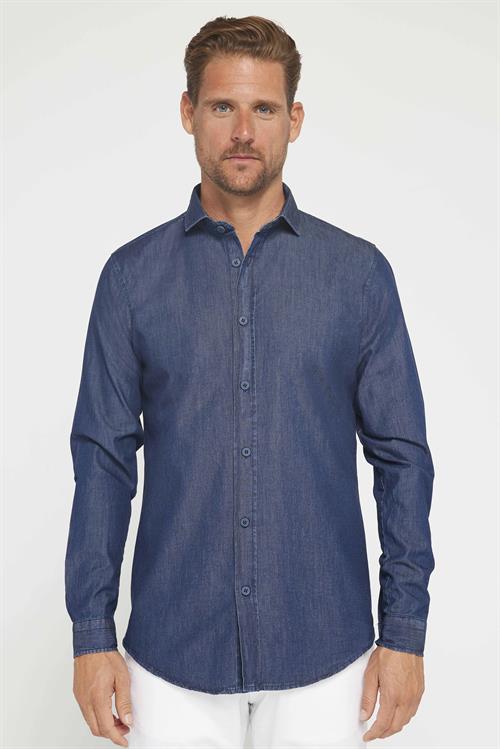 Erkek Slim Fit Dar Kesim Uzun Kollu %100 Pamuk Denim Kot Lacivert Gömlek
