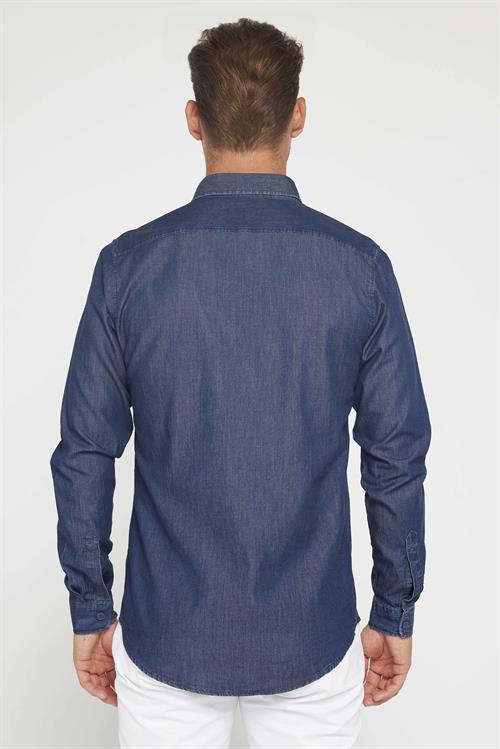 Erkek Slim Fit Dar Kesim Uzun Kollu %100 Pamuk Denim Kot Lacivert Gömlek