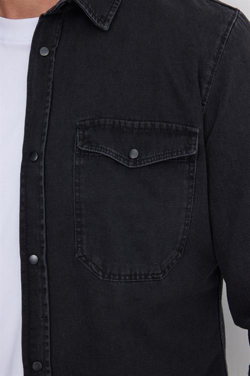 Erkek Slim Fit Dar Kesim Uzun Kollu Denim Kot Çift Cep Çıtçıtlı Siyah Gömlek