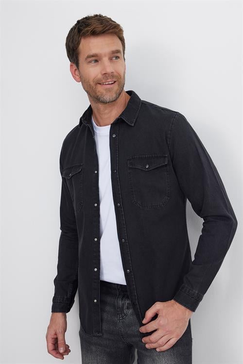 Erkek Slim Fit Dar Kesim Uzun Kollu Denim Kot Çift Cep Çıtçıtlı Siyah Gömlek