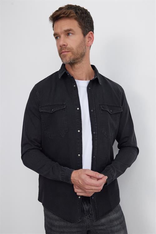 Erkek Slim Fit Dar Kesim Uzun Kollu Denim Kot Çift Cep Çıtçıtlı Siyah Gömlek