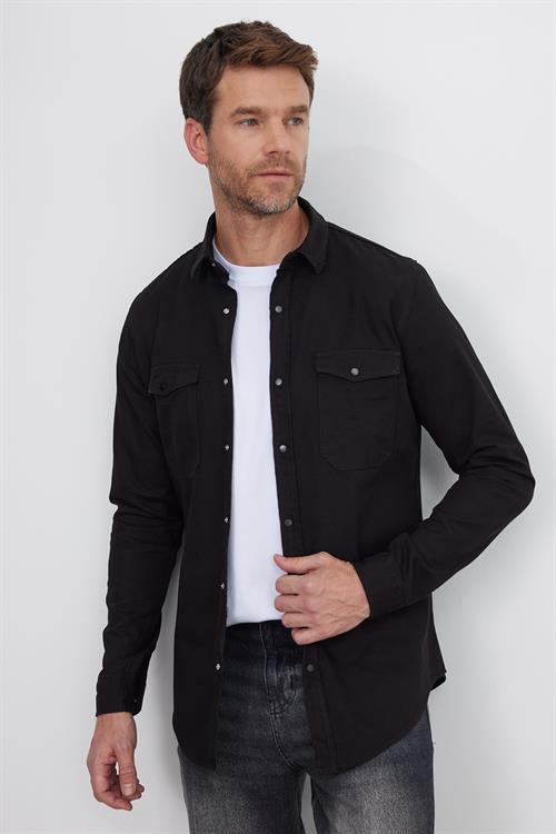 Erkek Slim Fit Dar Kesim Uzun Kollu Denim Kot Çift Cep Çıtçıtlı Siyah Gömlek