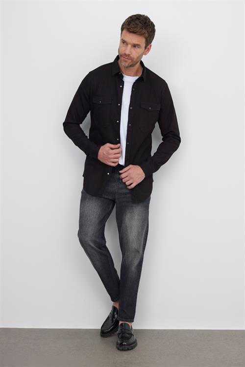 Erkek Slim Fit Dar Kesim Uzun Kollu Denim Kot Çift Cep Çıtçıtlı Siyah Gömlek