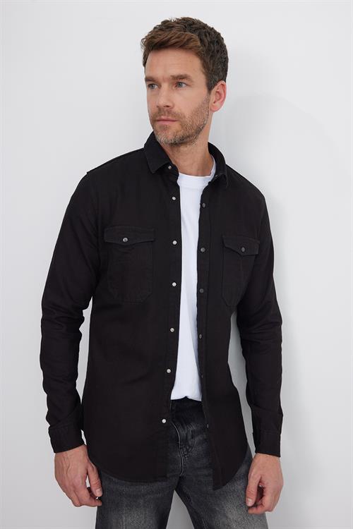 Erkek Slim Fit Dar Kesim Uzun Kollu Denim Kot Çift Cep Çıtçıtlı Siyah Gömlek