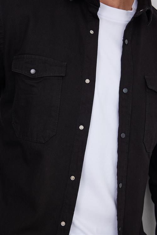 Erkek Slim Fit Dar Kesim Uzun Kollu Denim Kot Çift Cep Çıtçıtlı Siyah Gömlek