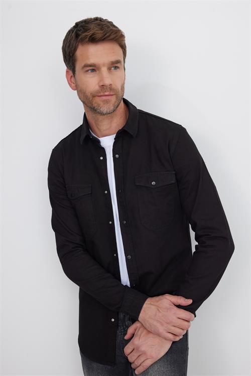Erkek Slim Fit Dar Kesim Uzun Kollu Denim Kot Çift Cep Çıtçıtlı Siyah Gömlek