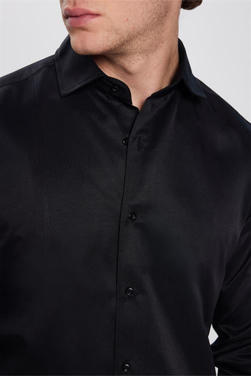 Erkek Slim Fit Dar Kesim Pamuklu Düz Siyah Gömlek
