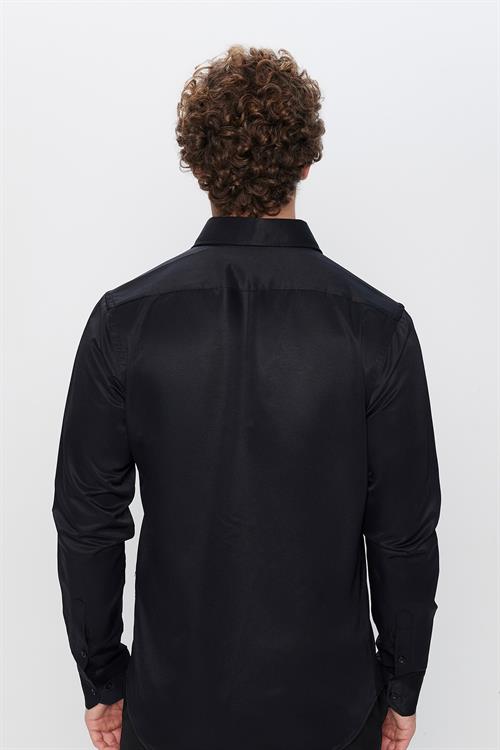 Erkek Slim Fit Dar Kesim Pamuklu Düz Siyah Gömlek