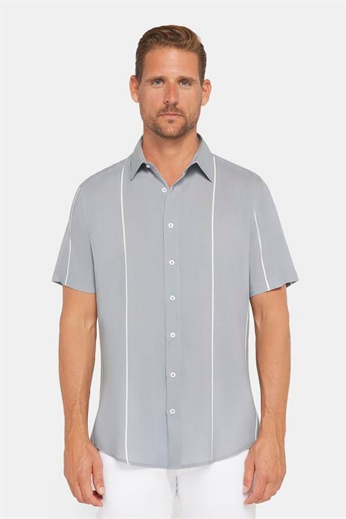 Erkek Slim Fit Dar Kesim Kısa Kollu Çizgili Gri Spor Yaka Gömlek
