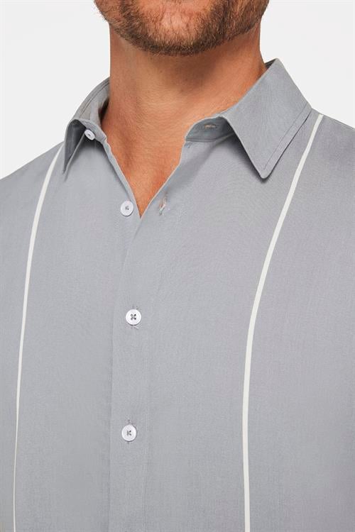 Erkek Slim Fit Dar Kesim Kısa Kollu Çizgili Gri Spor Yaka Gömlek