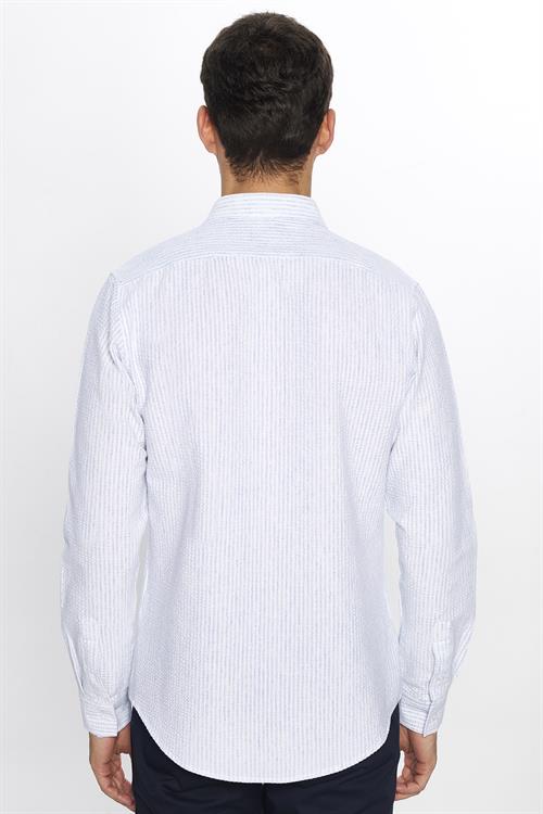Erkek Slim Fit Dar Kesim Uzun Kollu Pamuklu Çizgili Beyaz Spor Yaka Gömlek