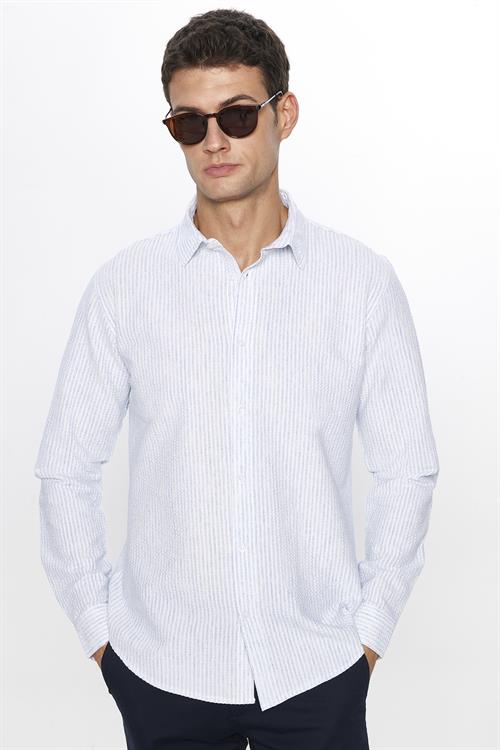 Erkek Slim Fit Dar Kesim Uzun Kollu Pamuklu Çizgili Beyaz Spor Yaka Gömlek
