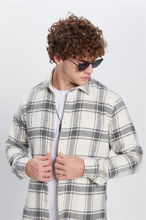Erkek Slim Fit Dar Kesim Oduncu Düğmeli Yaka Kareli Kışlık Gömlek - 1 Alana 1 Bedava