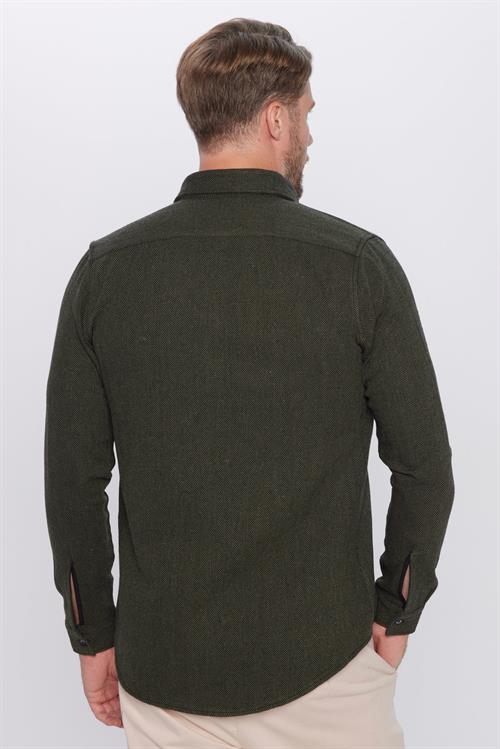 Erkek Slim Fit Dar Kesim Oduncu Düz Haki Düğmeli Yaka Kışlık Gömlek