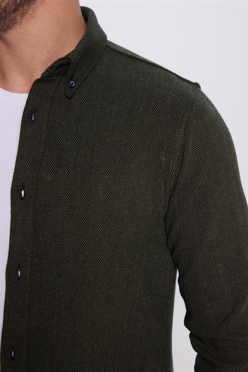Erkek Slim Fit Dar Kesim Oduncu Düz Haki Düğmeli Yaka Kışlık Gömlek