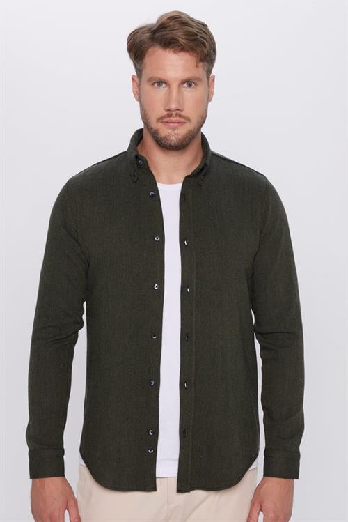 Erkek Slim Fit Dar Kesim Oduncu Düz Haki Düğmeli Yaka Kışlık Gömlek