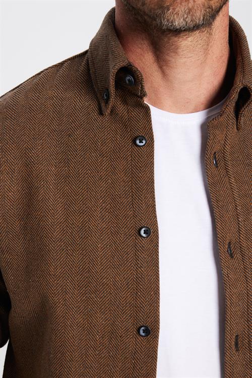 Erkek Slim Fit Dar Kesim Oduncu Kahverengi Düğmeli Yaka Düz Kışlık Gömlek