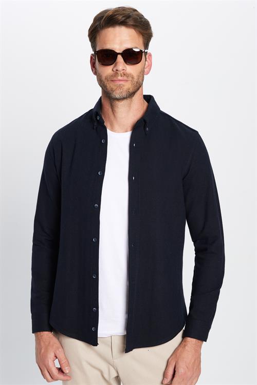 Erkek Slim Fit Dar Kesim Oduncu Düz Lacivert Düğmeli Yaka Kışlık Gömlek