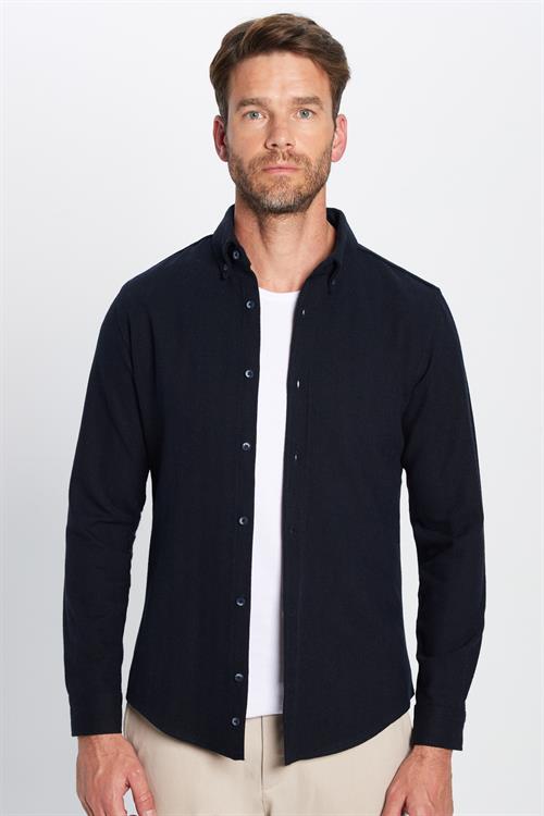 Erkek Slim Fit Dar Kesim Oduncu Düz Lacivert Düğmeli Yaka Kışlık Gömlek