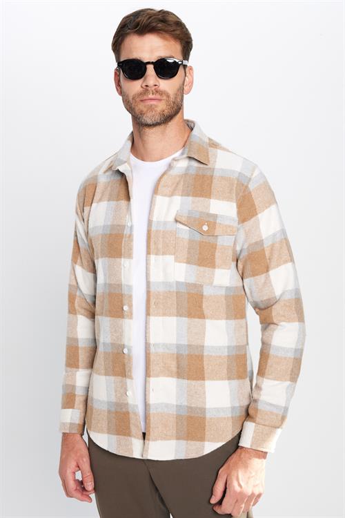 Erkek Slim Fit Dar Kesim Oduncu Tek Cepli Kareli Kışlık Gömlek