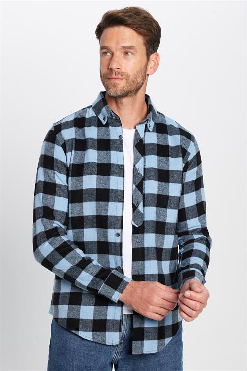 Erkek Slim Fit Dar Kesim Oduncu Düğmeli Yaka Kareli Kışlık Gömlek