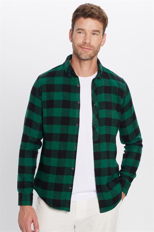 Erkek Slim Fit Dar Kesim Oduncu Düğmeli Yaka Kareli Kışlık Gömlek