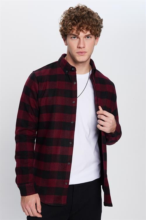 Erkek Slim Fit Dar Kesim Oduncu Düğmeli Yaka Kareli Kışlık Gömlek - 1 Alana 1 Bedava