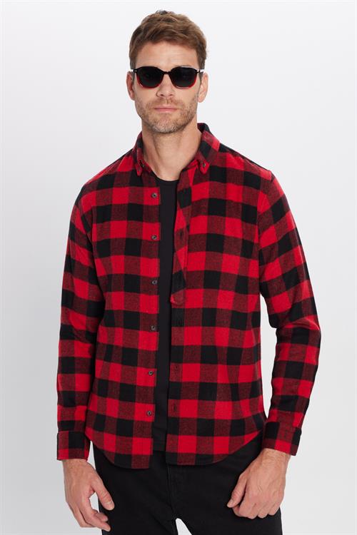 Erkek Slim Fit Dar Kesim Oduncu Düğmeli Yaka Kareli Kışlık Gömlek