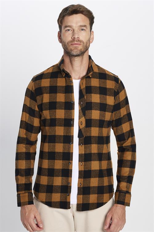 Erkek Slim Fit Dar Kesim Oduncu Düğmeli Yaka Kareli Kışlık Gömlek