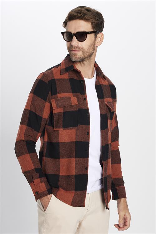 Unisex Slim Fit Dar Kesim Oduncu Çift Cep Kapaklı Kareli Kışlık Gömlek