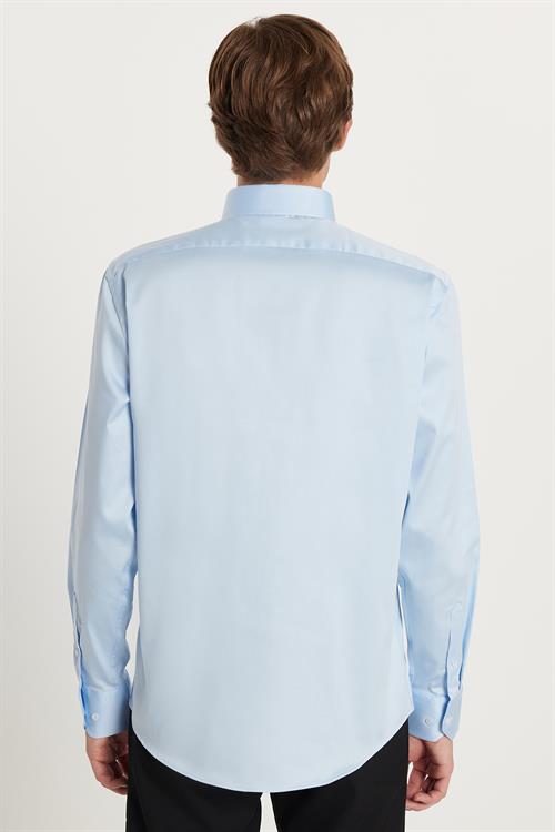 Erkek Slim Fit  Premium Likralı Pamuk Saten Açık Mavi Gömlek
