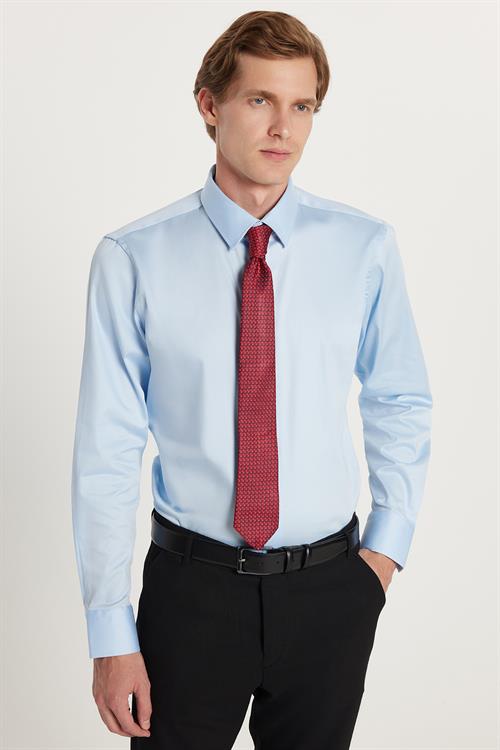 Erkek Slim Fit  Premium Likralı Pamuk Saten Açık Mavi Gömlek