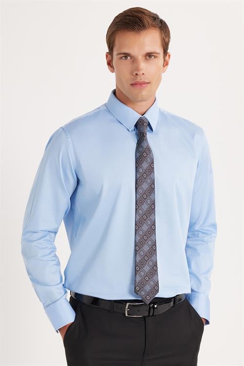 Erkek Slim Fit  Premium Likralı Pamuk Saten Mavi Gömlek