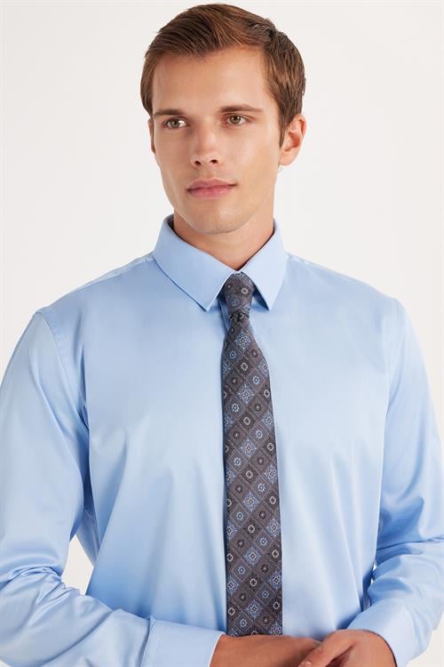 Erkek Slim Fit  Premium Likralı Pamuk Saten Mavi Gömlek