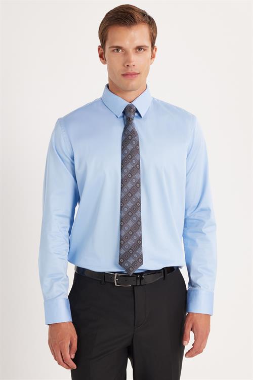 Erkek Slim Fit  Premium Likralı Pamuk Saten Mavi Gömlek