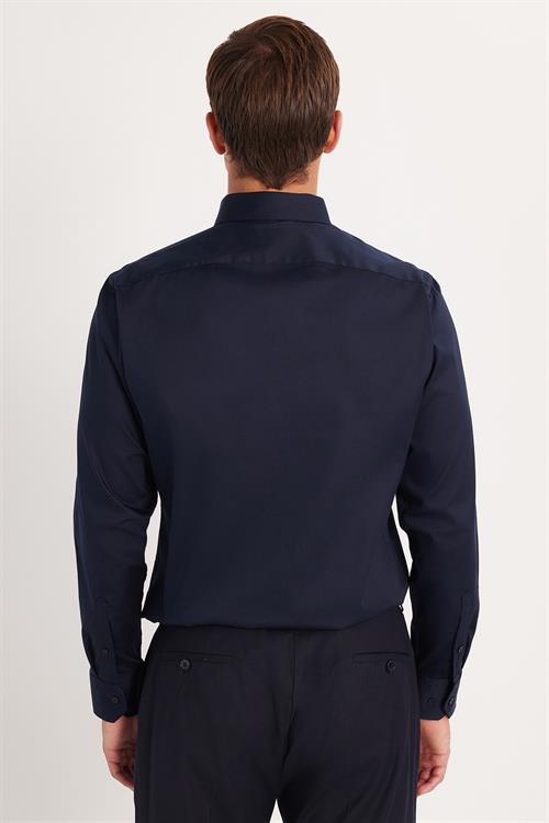 Erkek Slim Fit  Premium Likralı Pamuk Saten Lacivert Gömlek
