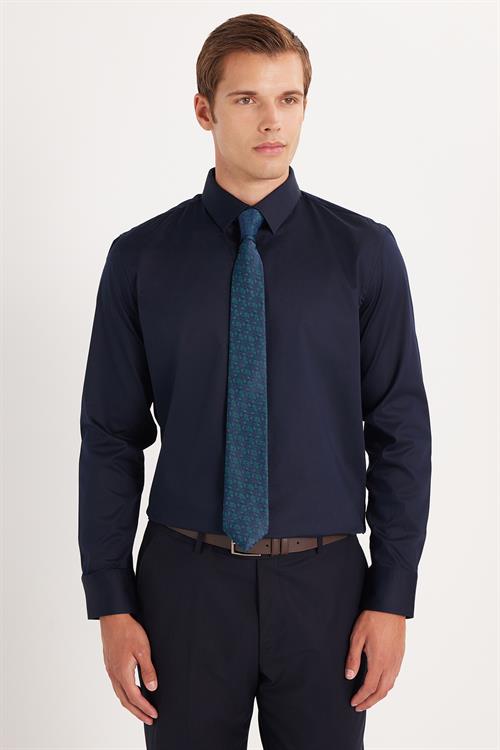 Erkek Slim Fit  Premium Likralı Pamuk Saten Lacivert Gömlek