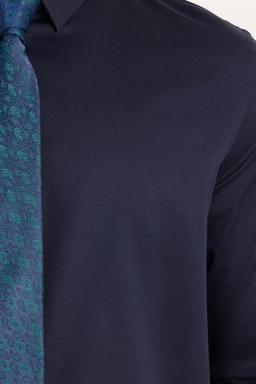 Erkek Slim Fit  Premium Likralı Pamuk Saten Lacivert Gömlek