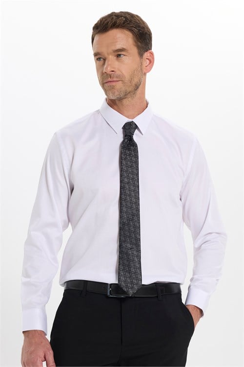 Erkek Slim Fit Dar Kesim Non-Iron Uzun Kollu Kravatlık Yaka Pamuklu Beyaz Gömlek