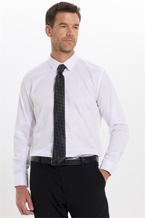 Erkek Slim Fit Dar Kesim Non-Iron Uzun Kollu Kravatlık Yaka Pamuklu Beyaz Gömlek