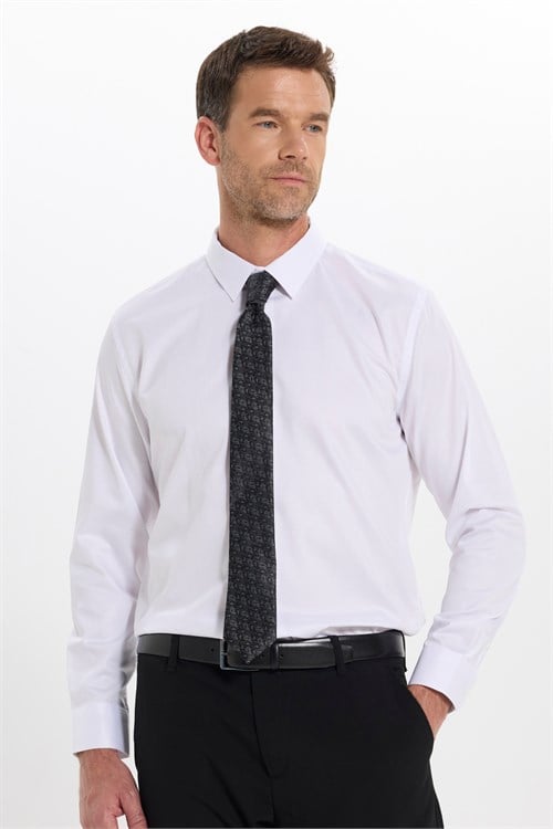 Erkek Slim Fit Dar Kesim Non-Iron Uzun Kollu Kravatlık Yaka Pamuklu Beyaz Gömlek