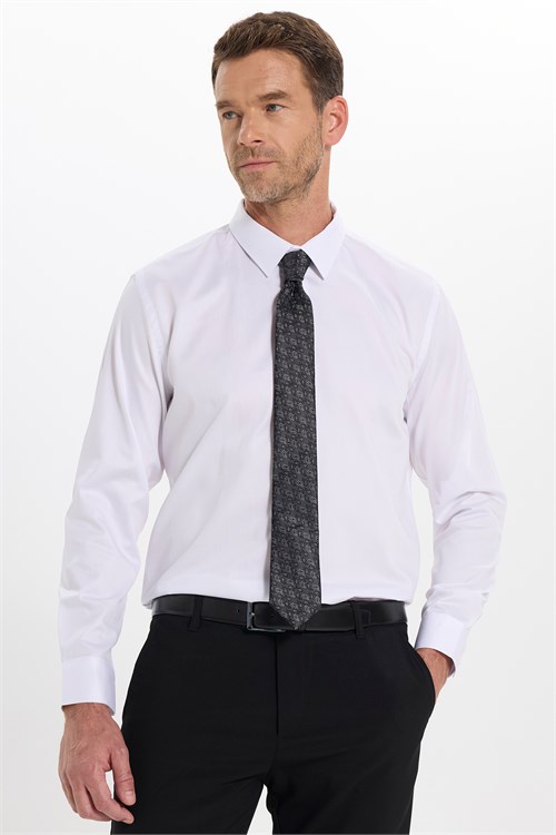 Erkek Slim Fit Dar Kesim Non-Iron Uzun Kollu Kravatlık Yaka Pamuklu Beyaz Gömlek
