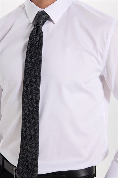 Erkek Slim Fit Dar Kesim Non-Iron Uzun Kollu Kravatlık Yaka Pamuklu Beyaz Gömlek