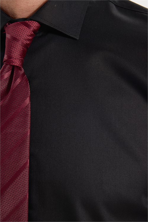 Erkek Slim Fit Dar Kesim Non-Iron Uzun Kollu Kravatlık Yaka Pamuklu Siyah Gömlek