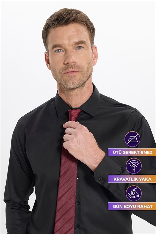 Erkek Slim Fit Dar Kesim Non-Iron Uzun Kollu Kravatlık Yaka Pamuklu Siyah Gömlek