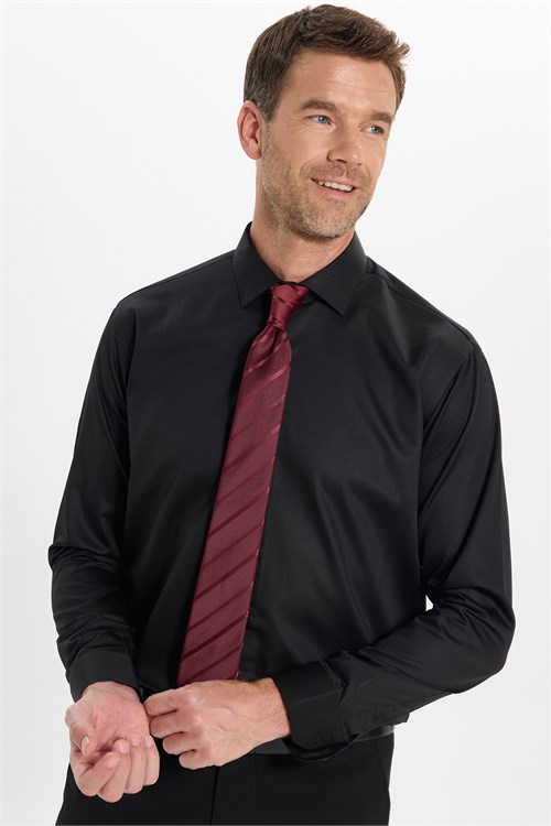 Erkek Slim Fit Dar Kesim Non-Iron Uzun Kollu Kravatlık Yaka Pamuklu Siyah Gömlek