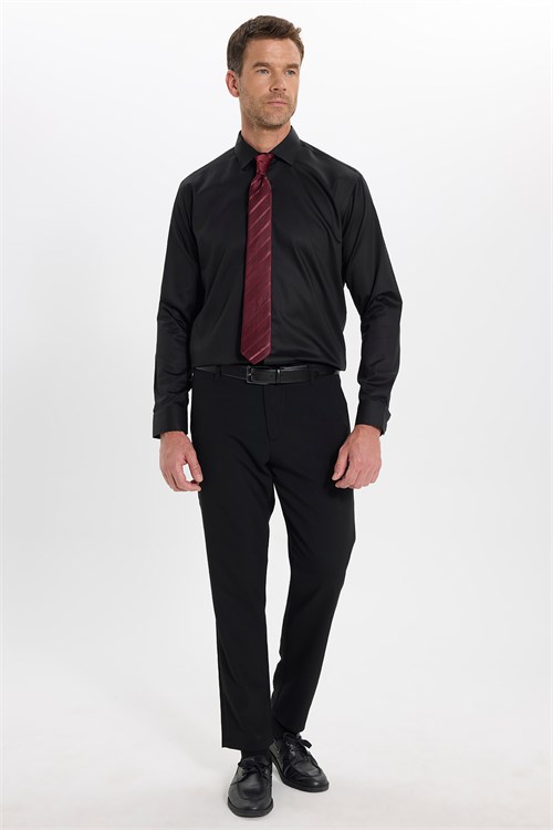 Erkek Slim Fit Dar Kesim Non-Iron Uzun Kollu Kravatlık Yaka Pamuklu Siyah Gömlek