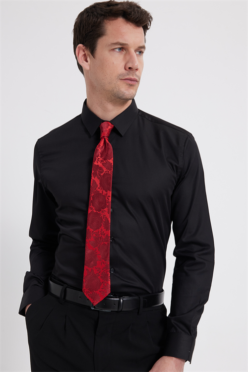 Erkek Slim Fit Non-Iron Pamuklu Ütü Gerektirmez Siyah Gömlek