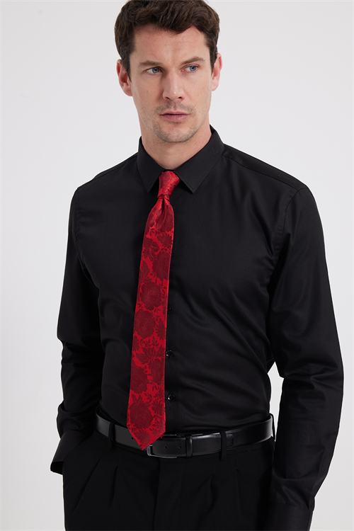 Erkek Slim Fit Non-Iron Pamuklu Ütü Gerektirmez Siyah Gömlek