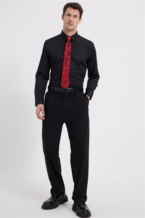 Erkek Slim Fit Non-Iron Pamuklu Ütü Gerektirmez Siyah Gömlek